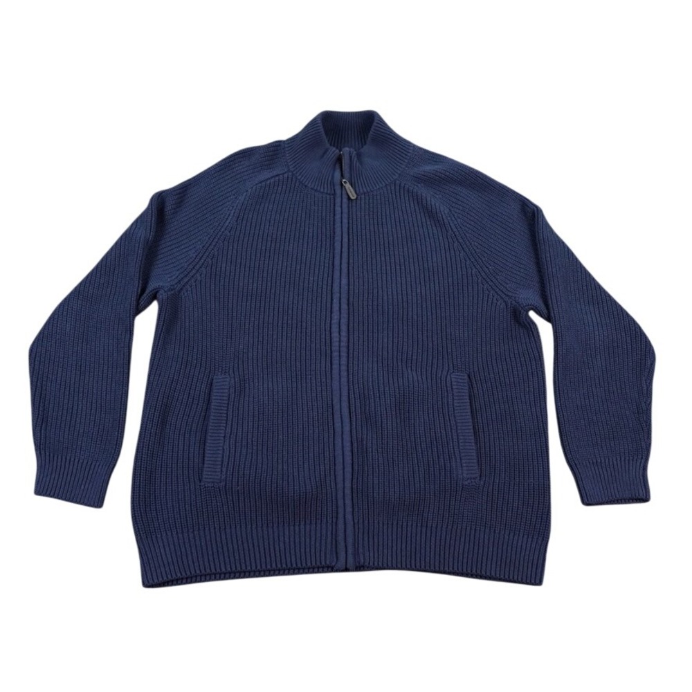 LL Bean Cardigan Sweater Mens L Blue Full Zip Shaker Stitch Cotton Mock Neck